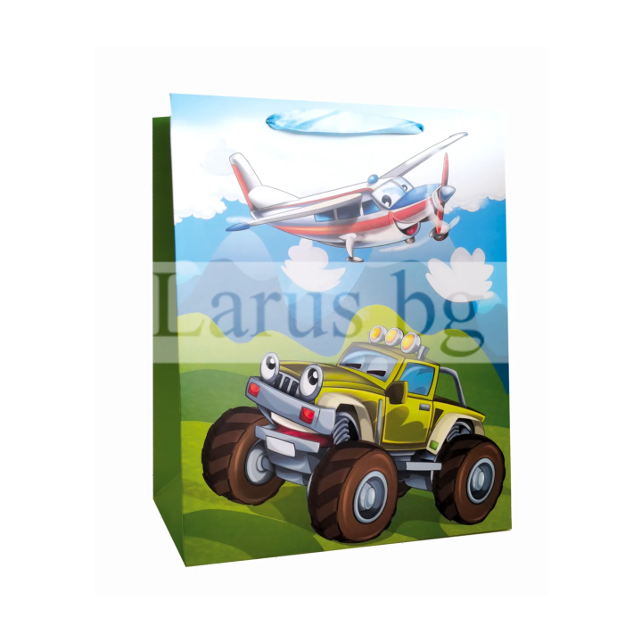 Детска подаръчна торбичка със самолет и джип - 26x10x32см