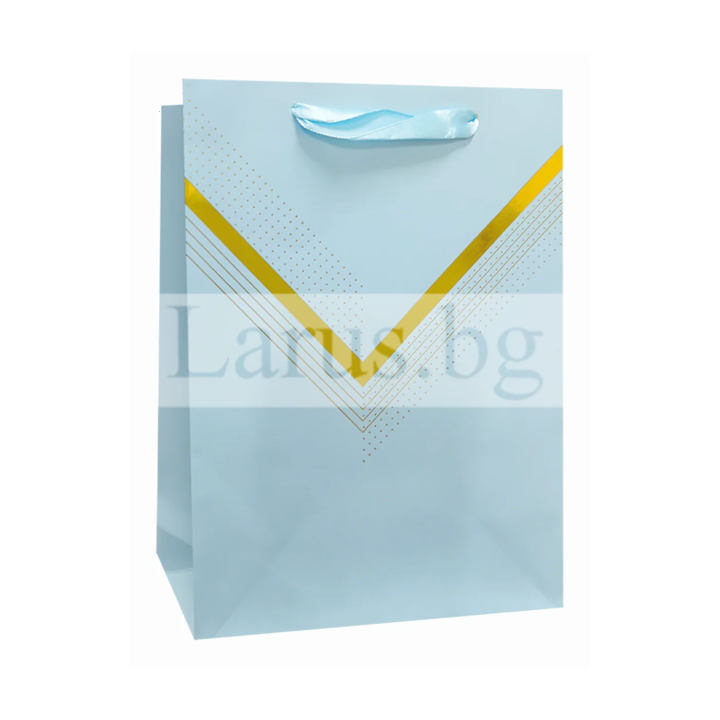 Подаръчна торбичка 18/23 см - светлосиня със златист дизайн