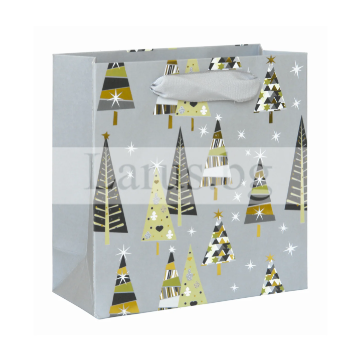 Коледна подаръчна торбичка с елхички - 14.5х15х6 см