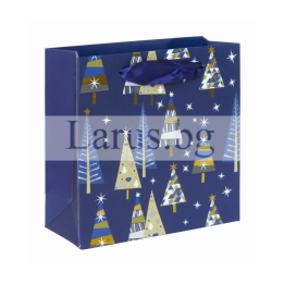 Коледна подаръчна торбичка с елхи 14.5х15х6 см