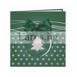 Луксозна коледна картичка 1089 | Зелена със сребриста елха