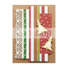Коледна двойна картичка с 3D дървени елхички и дантела