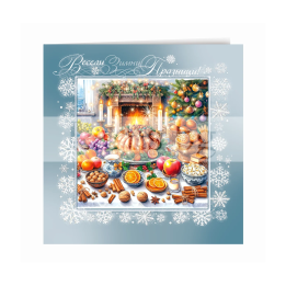 Коледна картичка с празнична трапеза и камина - 1-ZD-1225