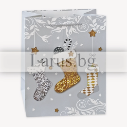 Коледна подаръчна торбичка 18х23х10см с брокат