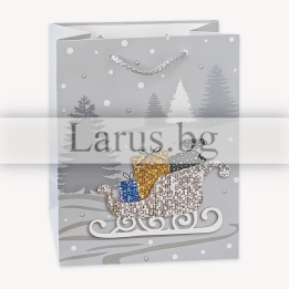 Коледна подаръчна торбичка с шейна и глитер 18х23х10см