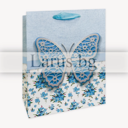 Подаръчна торбичка с пеперуда и сини цветя 18x8x23см