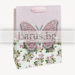 Подаръчна торбичка с пеперуда и рози 18x8x23см