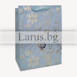 Подаръчна торбичка 18x8x23см - Светлосиня с флорални мотиви