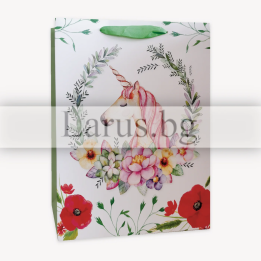 Подаръчна торбичка с еднорог и цветя 30х12х40см