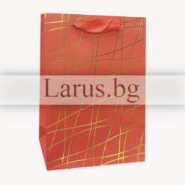 Луксозна подаръчна торбичка червена със златни линии 26х32х10 см