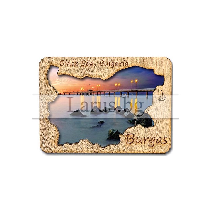 Магнитен сувенир Бургас с дървен елемент 12-mdBS-0001