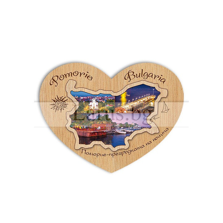 Магнитен сувенир Поморие - Дървено сърце с изгледи