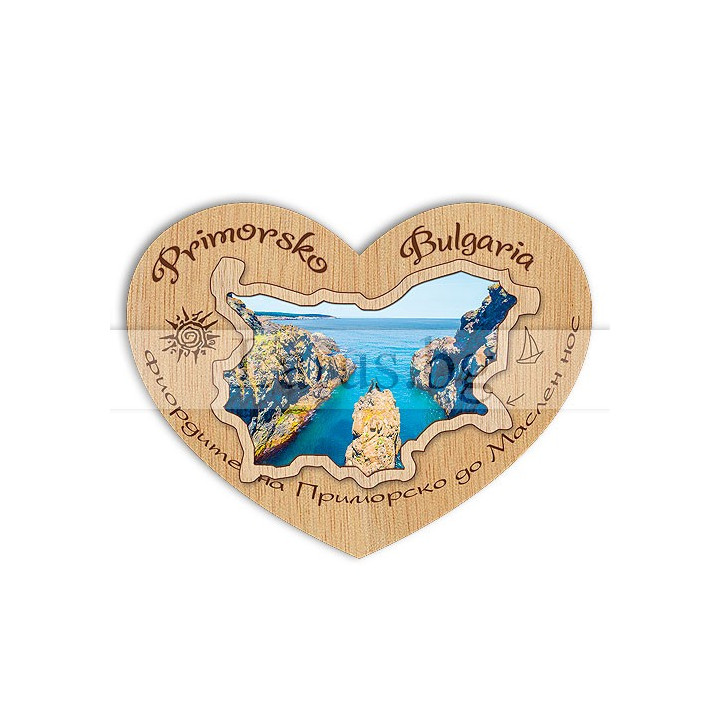 Дървен магнитен сувенир Приморско – Фиордите до Маслен нос